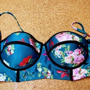 Modcloth Blue Swim Bra with Floral Design